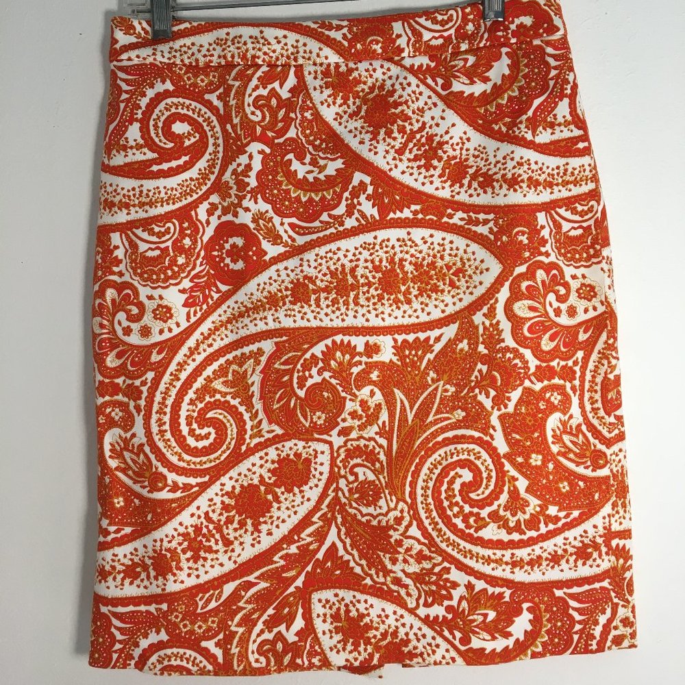 JCrew orange paisley print pencil skirt, size 4